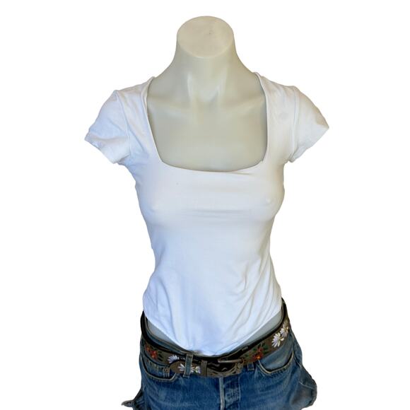 Free People White Square Bodysuit XS Bodycon Short Cap Sleeves USA $58 NEW - Picture 5 of 8